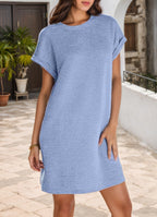 Round Neck Cuff Curling Short Sleeve Pocket Dress