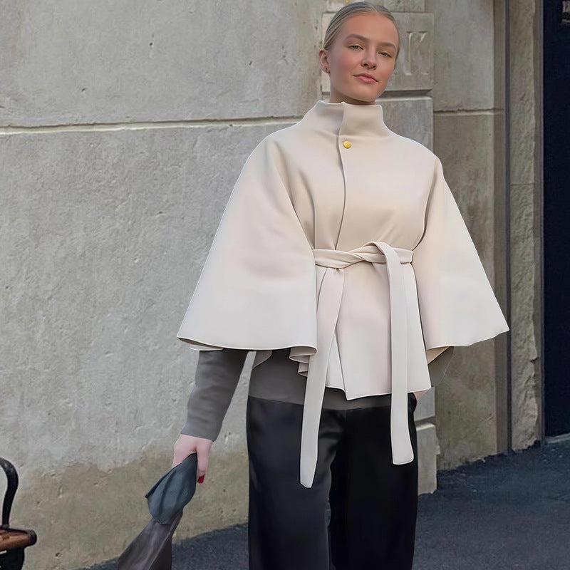 Elegant Women's Belted Woolen Cape Jacket - Slim Fit High Neck Poncho Coat