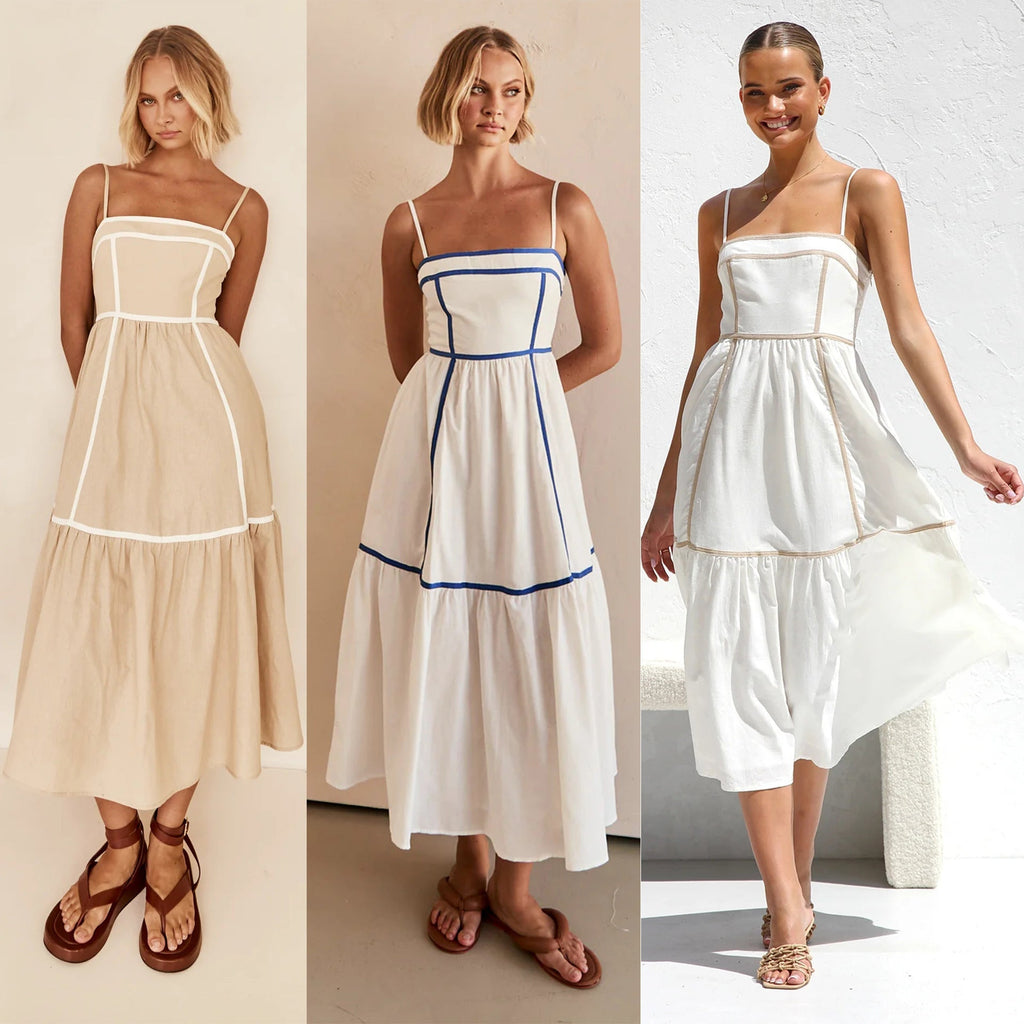 Midi dress with thin straps and ruffled skirt