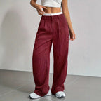 Women's High-Waist Vertical Stripe Trousers - Wide-Leg Straight Pants with Pockets