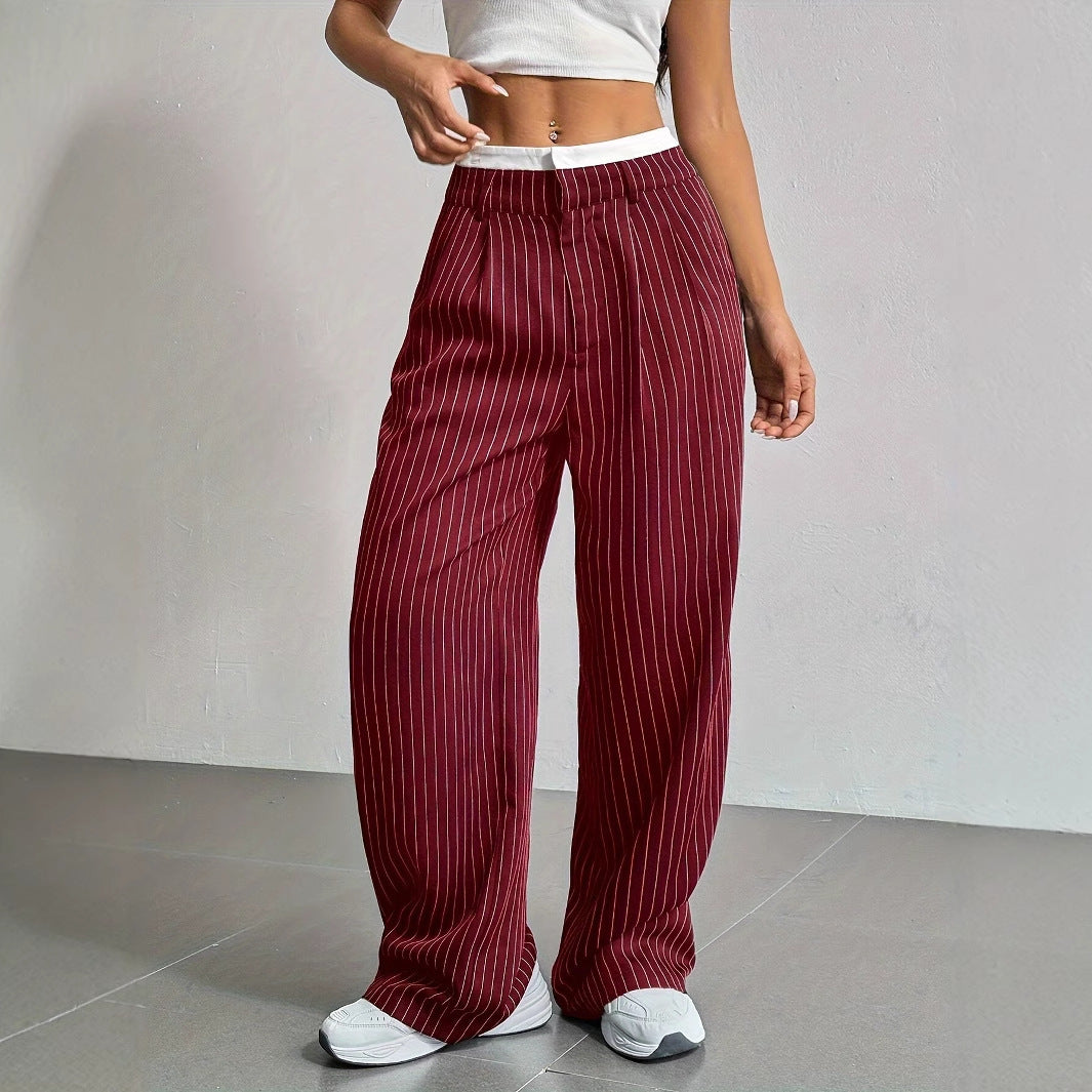 Women's High-Waist Vertical Stripe Trousers - Wide-Leg Straight Pants with Pockets