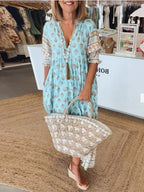 Women's bohemian V-Neck Puff  Sleeve Summer Dress