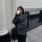 Women's Knitted Winter Cardigan - Elegant Short Coat with Asymmetrical Scarf Collar