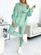 Women’s Casual 3-Piece Sport Suit | Oversized Hoodie, Padded Vest, and Slim Tapered Pants.