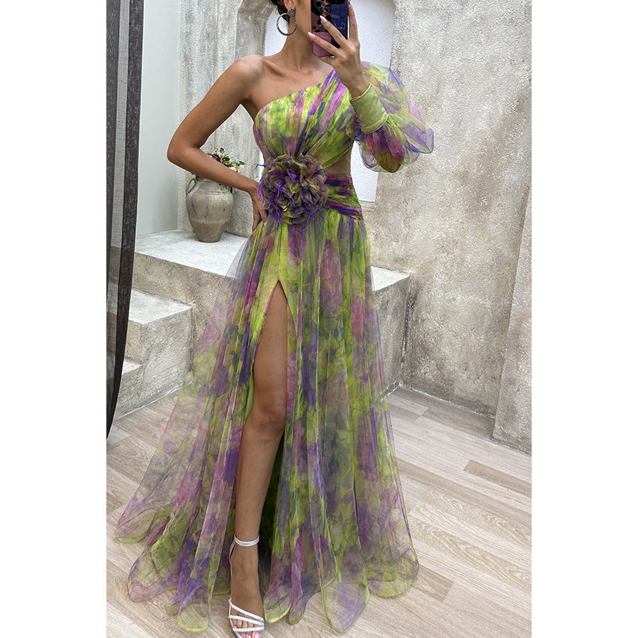 Elegant one-shoulder mesh summer dress