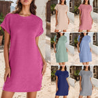 Round Neck Cuff Curling Short Sleeve Pocket Dress