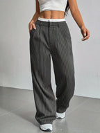 Women's High-Waist Vertical Stripe Trousers - Wide-Leg Straight Pants with Pockets