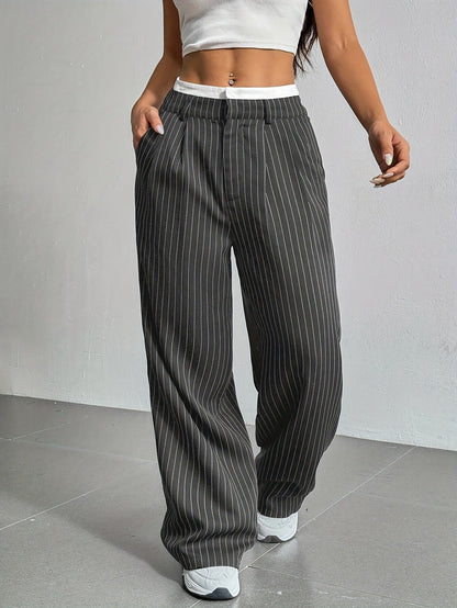 Women's High-Waist Vertical Stripe Trousers - Wide-Leg Straight Pants with Pockets