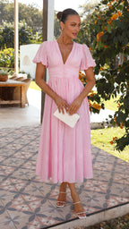 Long V-neck dress with puffed sleeves