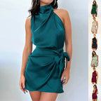 Elegant Satin Halter Neck Mini Dress