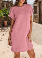 Round Neck Cuff Curling Short Sleeve Pocket Dress