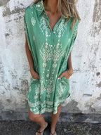Ethnic Print Sleeveless Shirt Dress