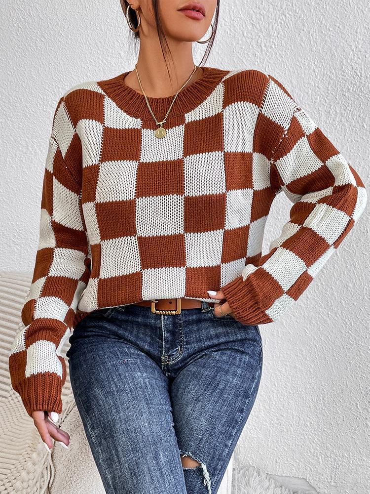 Checkerboard Color-Block Knit Sweater - Oversized Loose Fit Pullover