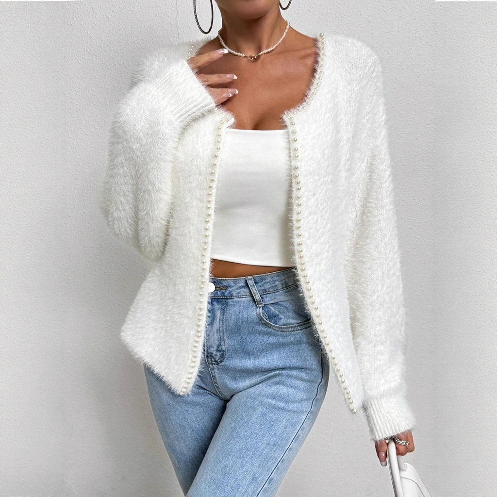 Elegant Pearl-Trim V-Neck Knit Cardigan