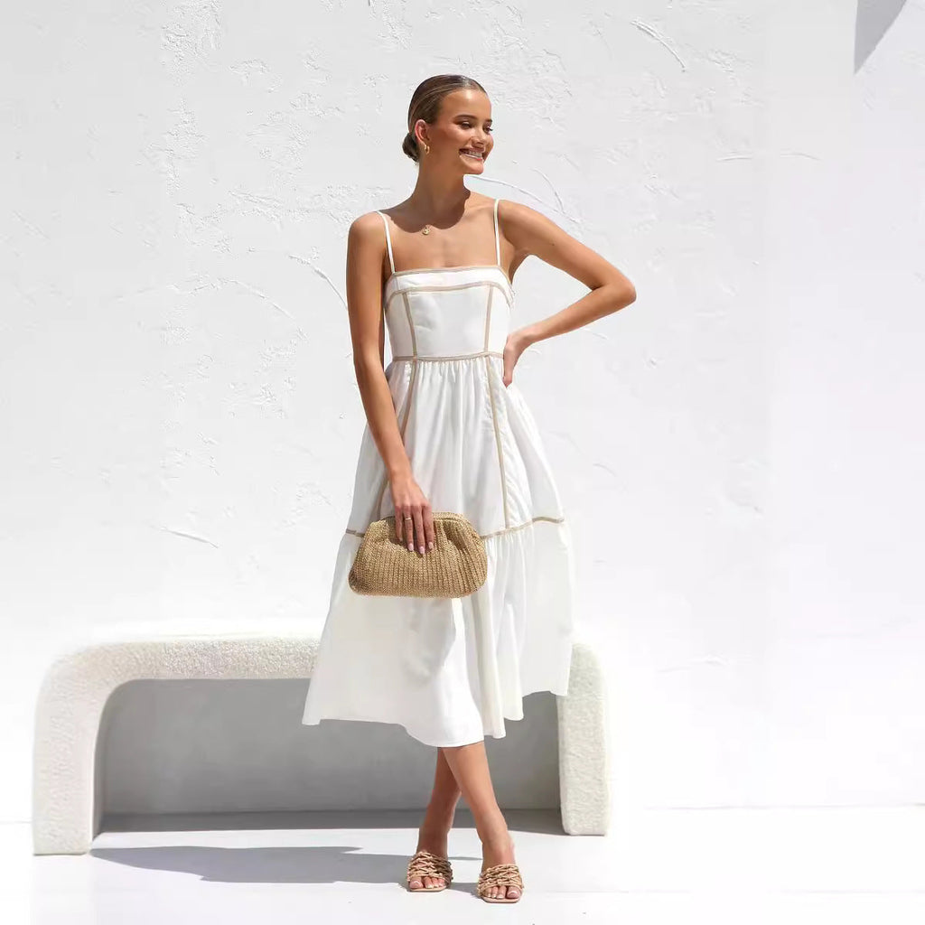 Midi dress with thin straps and ruffled skirt