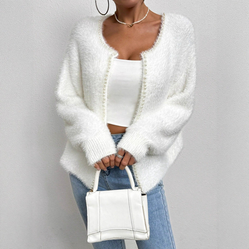 Elegant Pearl-Trim V-Neck Knit Cardigan