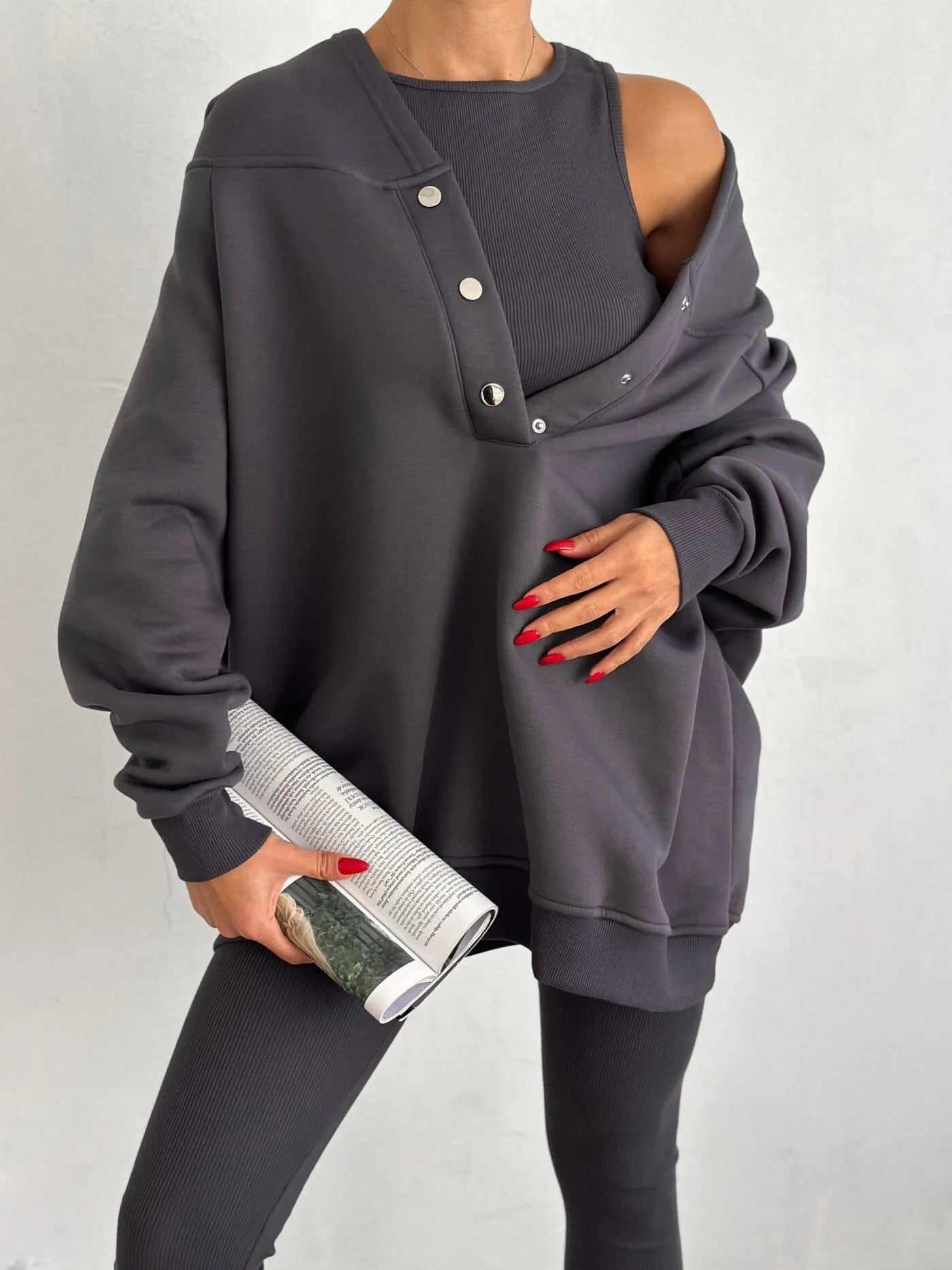 Women’s Casual 3-Piece Sport Suit | Oversized Hoodie, Padded Vest, and Slim Tapered Pants.